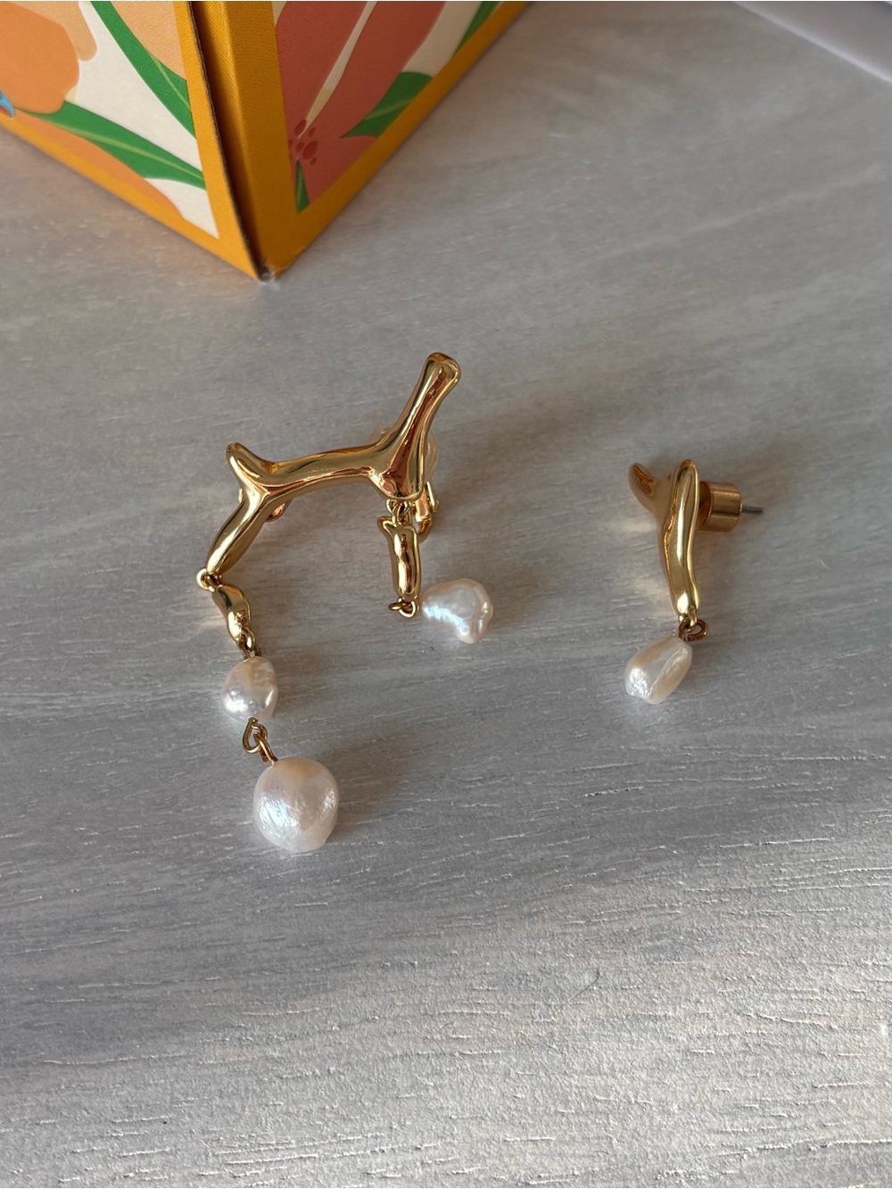 COS Gold Tone Branch Faux Pearl Drop Asymmetric Earrings